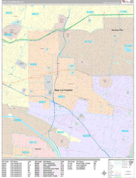 East Los Angeles City Wall Map Premium Style